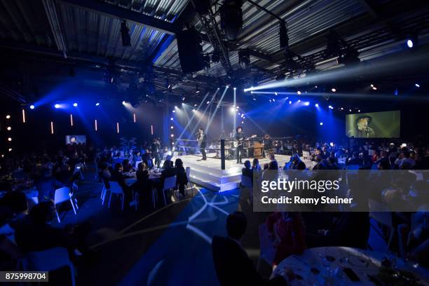 The band 'Pegasus' performs on stage during the 11th Laureus Charity Night at Hangar Duebendorf on November 18, 2017 near Zurich, Switzerland. During...