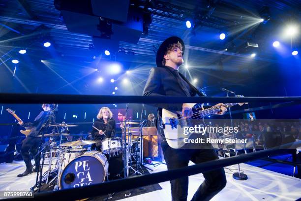 The band 'Pegasus' performs on stage during the 11th Laureus Charity Night at Hangar Duebendorf on November 18, 2017 near Zurich, Switzerland. During...