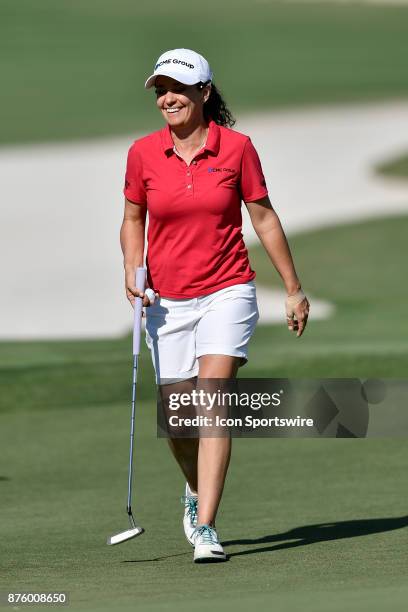 Mo Martin of the United States is happy after her birdie on the seventeenth hole during the third round of the LPGA CME Group Championship at Tiburon...