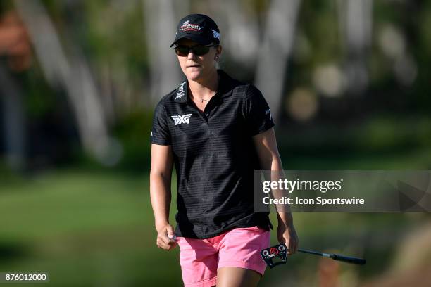Austin Ernst of the United States sinks an eagle on the seventeenth hole during the third round of the LPGA CME Group Championship at Tiburon Golf...