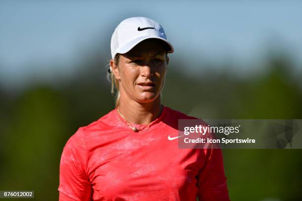 Suzann Pettersen of Norway sinks a birdie on the seventeenth hole during the third round of the LPGA CME Group Championship at Tiburon Golf Club on...