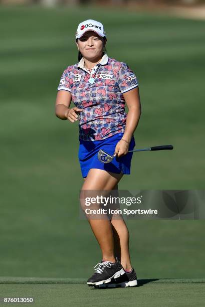 Ha Na Jang of South Korea on the seventeenth hole during the third round of the LPGA CME Group Championship at Tiburon Golf Club on November 18, 2017...