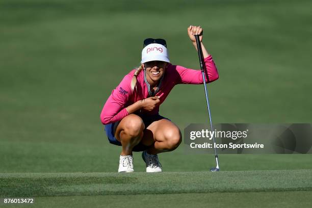 Pernilla Lindberg of Sweden lines up her shot on the seventeenth hole during the third round of the LPGA CME Group Championship at Tiburon Golf Club...