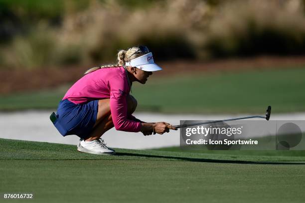 Pernilla Lindberg of Sweden lines up her shot on the seventeenth hole during the third round of the LPGA CME Group Championship at Tiburon Golf Club...