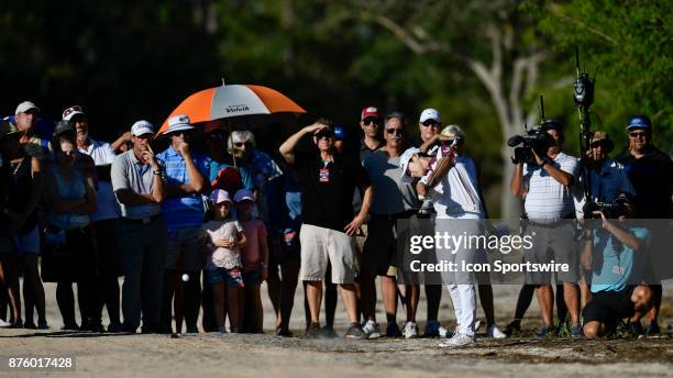 Sung Hyun Park of South Korea plays her third shot back onto the course on the seventeenth hole during the third round of the LPGA CME Group...