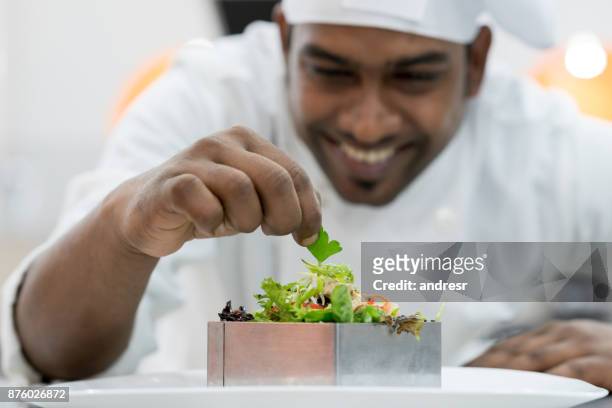 happy indian chef adding details to his finished plate - indian chef stock pictures, royalty-free photos & images