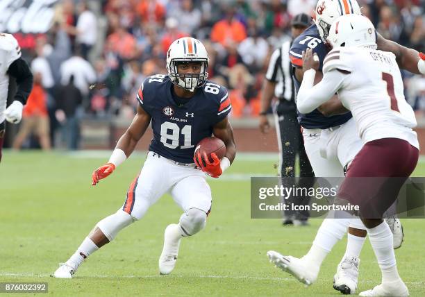 Auburn Tigers wide receiver Darius Slayton runs the ball during a football game between the Auburn Tigers and the Louisiana-Monroe Warhawks,...