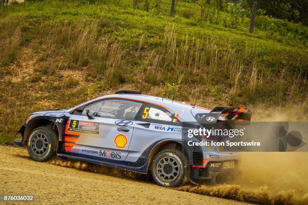 Thierry Neuville and co-driver Nicolas Gilsoul of Hyundai Motorsport compete in the Argents section on day two of the Rally Australia round of the...