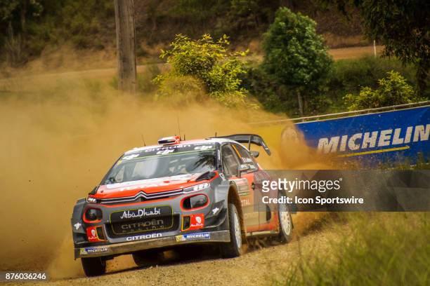Stéphane Lefebvre and co-driver Gabin Moreau of Citroën World Rally Team compete in the Argents section on day two of the Rally Australia round of...