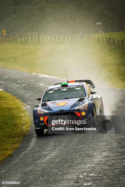 Hayden Padden and co-driver Sebastian Marshall of Hyundai Motorsport compete in the rain on day two of the Rally Australia round of the 2017 FIA...