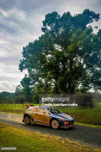 Andreas Mikkelsen and co-driver Anders Jaener of Hyundai Motorsport compete on day two of the Rally Australia round of the 2017 FIA World Rally...