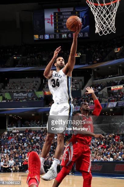 Brandan Wright of the Memphis Grizzlies shoots a lay up against the Houston Rockets on November 18, 2017 at FedExForum in Memphis, Tennessee. NOTE TO...