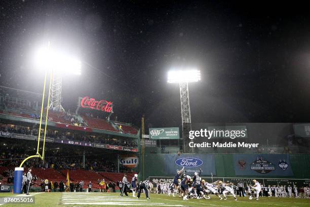 The Boston College Eagles kick a field goal during the second quarter against the Connecticut Huskies at Fenway Park on November 18, 2017 in Boston,...