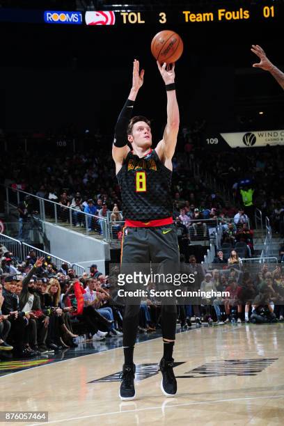 Luke Babbitt of the Atlanta Hawks shoots the ball against the Boston Celtics on November 18, 2017 at Philips Arena in Atlanta, Georgia. NOTE TO USER:...