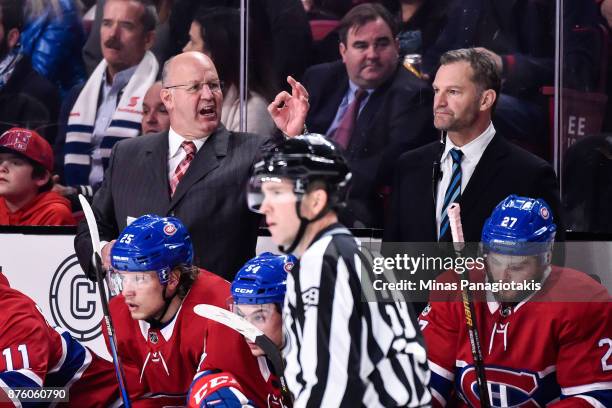 Head coach of the Montreal Canadiens Claude Julien shows his frustration while associate coach Kirk Muller looks on against the Toronto Maple Leafs...