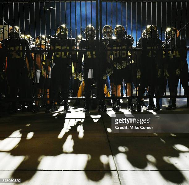 The Wake Forest Demon Deacons wait to take the field against the North Carolina State Wolfpack at BB&T Field on November 18, 2017 in Winston Salem,...
