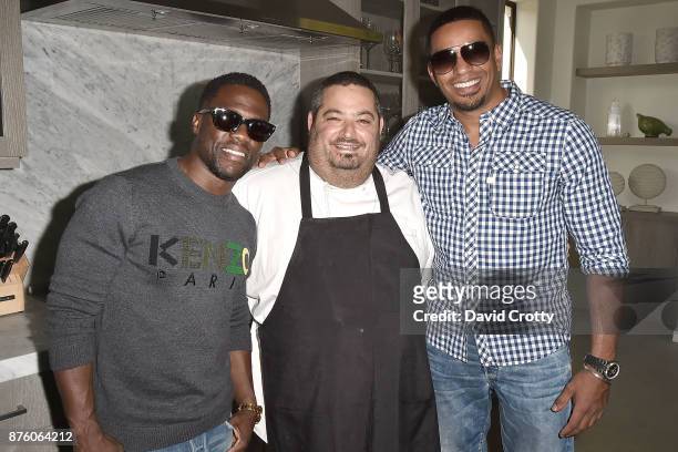 Kevin Hart, Chef Eric Greenspan and Laz Alonso attend the Barclays Uber Visa Card Launch Party in the Hollywood Hills on November 18, 2017 in Los...