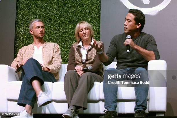 Founder of Mercy For Animals Nathan Runkle, president of peta Ingrid Newkirk and activist Marc Ching speak on stage at Circle V Festival on November...