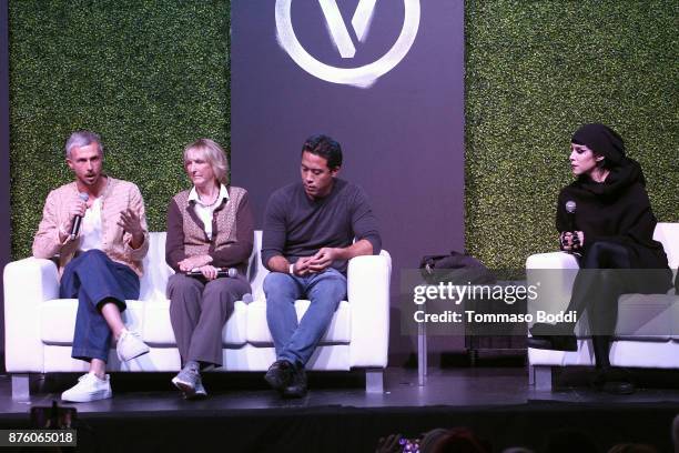 Founder of Mercy For Animals Nathan Runkle, president of peta Ingrid Newkirk, activist Marc Ching and tattoo artist Kat Von D speak on stage at...