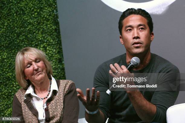 President of peta Ingrid Newkirk and activist Marc Ching speak on stage at Circle V Festival on November 18, 2017 in Los Angeles, California.