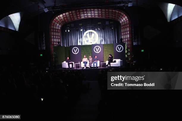 Moderator Mark Thompson, founder of Mercy For Animals Nathan Runkle, president of peta Ingrid Newkirk, activist Marc Ching and tattoo artist Kat Von...