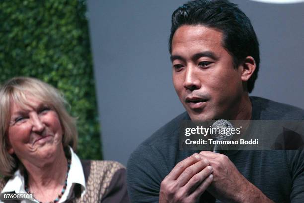 President of peta Ingrid Newkirk and activist Marc Ching speak on stage at Circle V Festival on November 18, 2017 in Los Angeles, California.