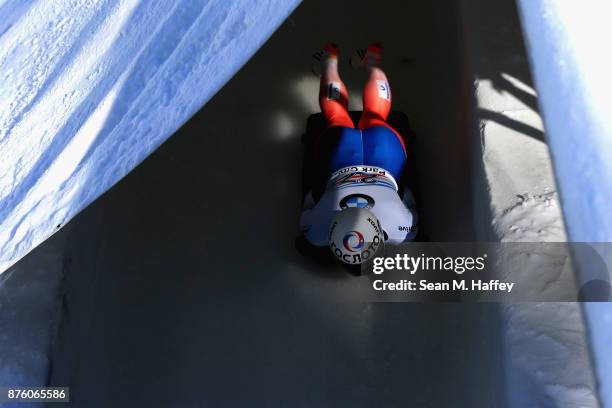 John Farrow of Australia competes in the Men's Skeleton during the BMW IBSF Bobsleigh and Skeleton World Cup at Utah Olympic Park on November 18,...