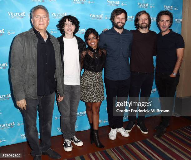 The cast of "Stranger Things: Inside the Upside Down" Paul Reiser, Finn Wolfhard, Linnea Berthelsen, Ross Duffer, Matt Duffer, and Shawn Levy attend...
