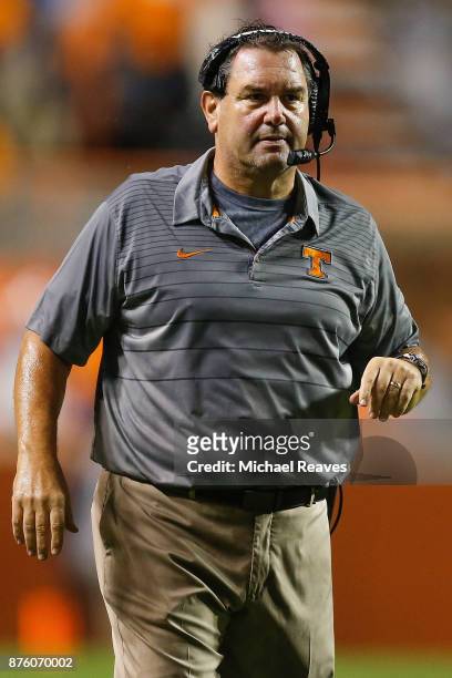 Interim head coach Brady Hoke of the Tennessee Volunteers looks on against the LSU Tigers during the first half at Neyland Stadium on November 18,...