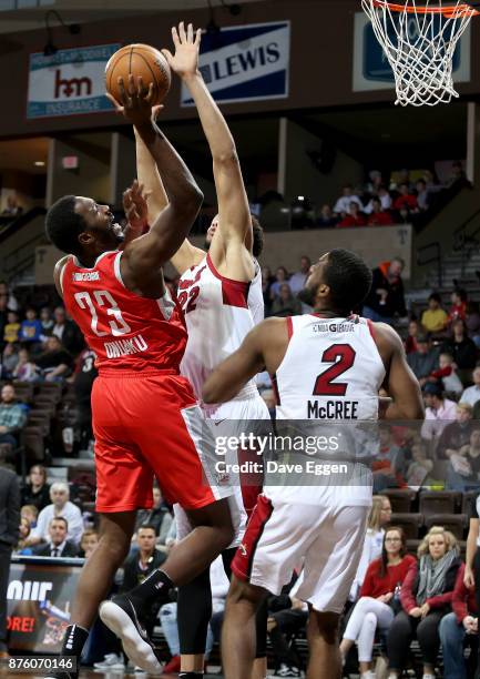 Chinanu Onuaku of the Rio Grande Valley Vipers shoots against the defense of AJ Hammons from the Sioux Falls Skyforce during an NBA G-League game on...