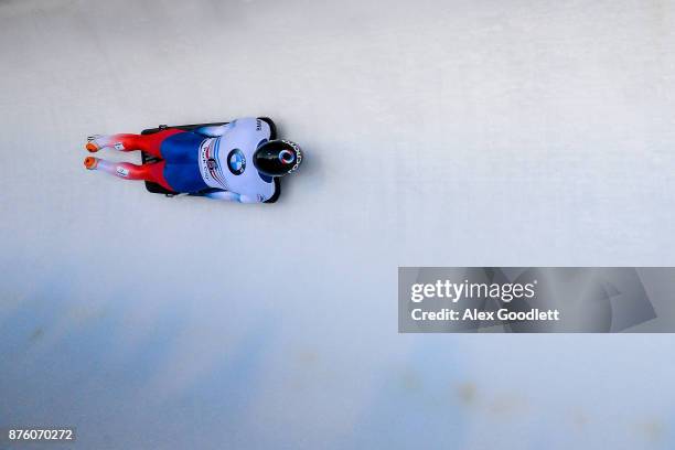 Alexander Tretiakov of Russia competes in the Men's Skeleton during the BMW IBSF Bobsleigh and Skeleton World Cup on November 18, 2017 in Park City,...