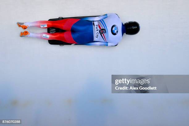 Alexander Tretiakov of Russia competes in the Men's Skeleton during the BMW IBSF Bobsleigh and Skeleton World Cup on November 18, 2017 in Park City,...