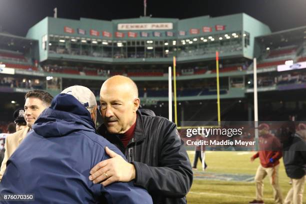 Head coach Steve Addazio of the Boston College Eagles after the game against the Connecticut Huskies during the second half at Fenway Park on...