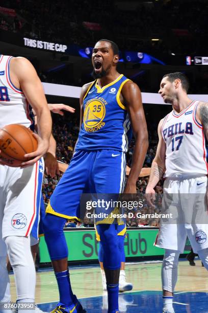 Kevin Durant of the Golden State Warriors reacts during the game against the Philadelphia 76ers on November 18, 2017 at Wells Fargo Center in...