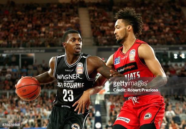 Casey Prather of Melbourne drives to the basket during the round seven NBL match between Melbourne and Perth on November 19, 2017 in Melbourne,...
