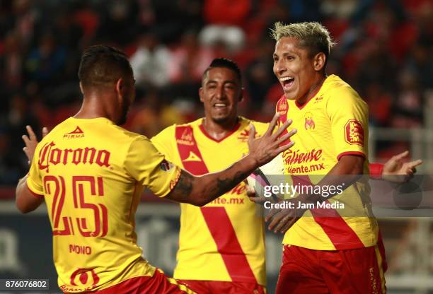 Raul Ruidiaz of Morelia celebrates after scoring the second goal of his team during the 17nd round match between Necaxa and Morelia as part of the...