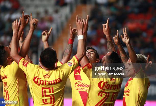 Raul Ruidiaz of Morelia celebrates after scoring the second goal of his team during the 17nd round match between Necaxa and Morelia as part of the...