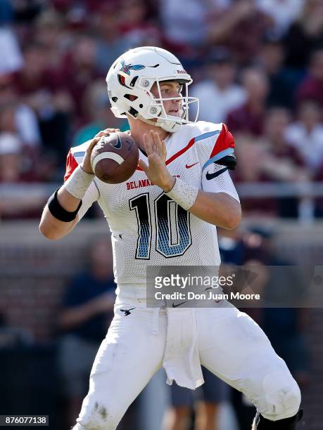 Quarterback Jack McDaniels of the Delaware State Hornets on a pass play during the game against the Florida State Seminoles at Doak Campbell Stadium...
