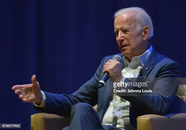 Former U.S. Vice President Joe Biden in conversation with author George Saunders during The Miami Book Fair at Adrienne Arsht Center for the...