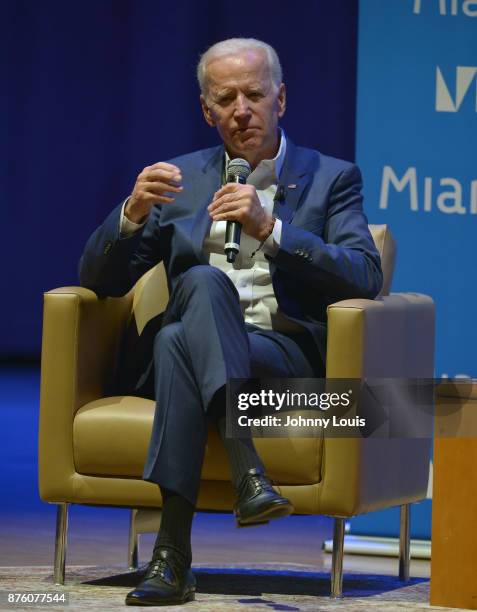 Former U.S. Vice President Joe Biden in conversation with author George Saunders during The Miami Book Fair at Adrienne Arsht Center for the...