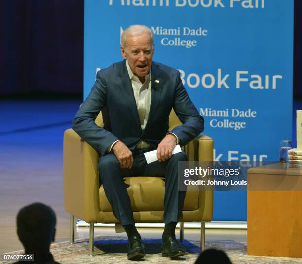 Former U.S. Vice President Joe Biden in conversation with author George Saunders during The Miami Book Fair at Adrienne Arsht Center for the...