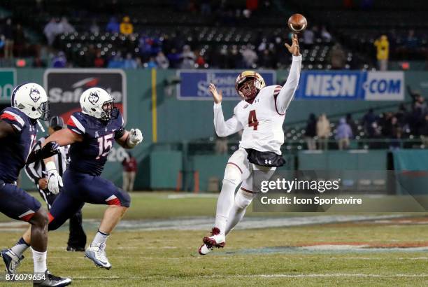 Boston College quarterback Darius Wade fires a touchdown pass during a game between the UCONN Huskies and the Boston College Eagles on November 18 at...