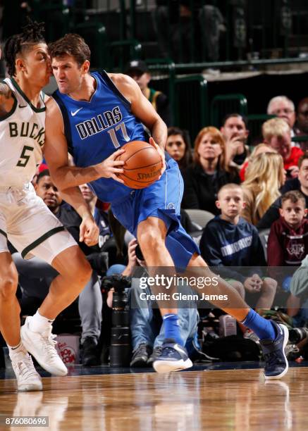 Jeff Withey of the Dallas Mavericks drives to the basket against the Milwaukee Bucks on Novemeber 18, 2017 at the American Airlines Center in Dallas,...