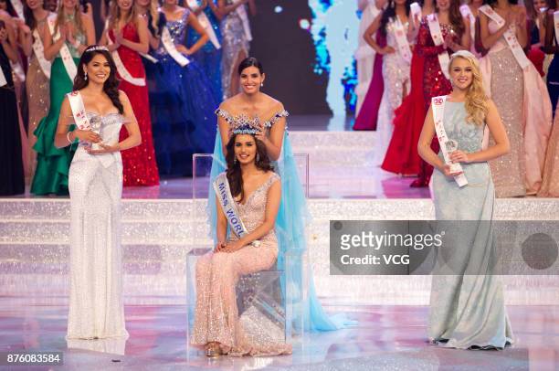 Miss India Manushi Chhilar celebrates after winning the 67th Miss World final contest on November 18, 2017 in Sanya, Hainan Province of China.