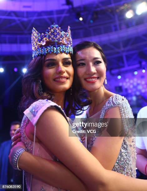 Miss India Manushi Chhilar celebrates after winning the 67th Miss World final contest on November 18, 2017 in Sanya, Hainan Province of China.