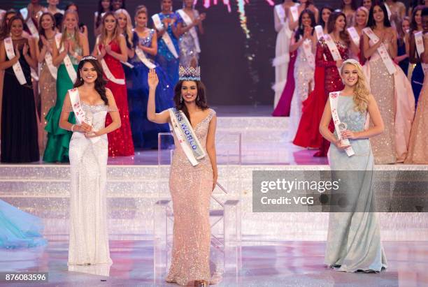 Miss India Manushi Chhilar celebrates after winning the 67th Miss World final contest on November 18, 2017 in Sanya, Hainan Province of China.