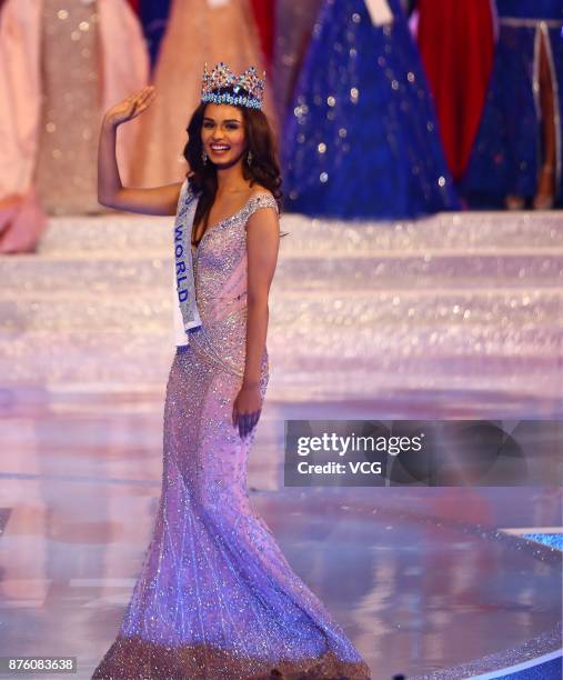 Miss India Manushi Chhilar celebrates after winning the 67th Miss World final contest on November 18, 2017 in Sanya, Hainan Province of China.