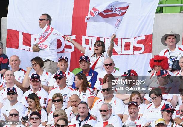 English fans show their support during the 2017 Rugby League World Cup Quarter Final match between England and Papua New Guinea Kumuls at AAMI Park...