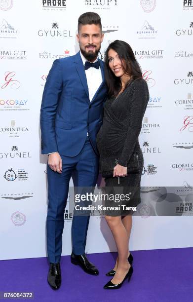 Olivier Giroud and Jennifer Giroud attend The Global Gift gala held at the Corinthia Hotel on November 18, 2017 in London, England.