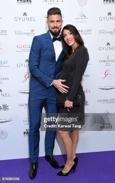 Olivier Giroud and Jennifer Giroud attend The Global Gift gala held at the Corinthia Hotel on November 18, 2017 in London, England.